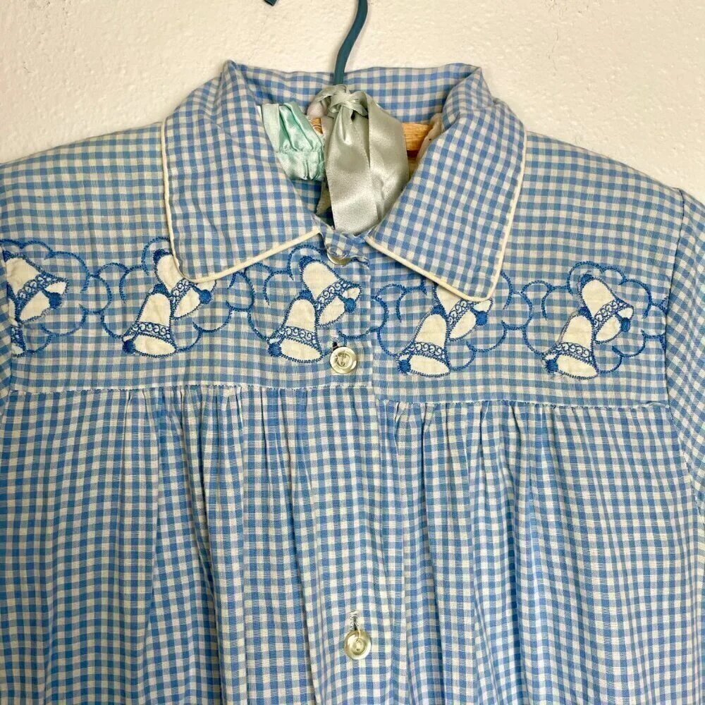 Vintage Kids Kickaway Blue Gingham Pajama Night Dress Size: 12